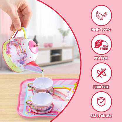 Unicorn Tea Party Set for Girls – Pretend Play Pink Tin Teapot with Cups, Plates & Carrying Case, Magical Rainbow Design, Birthday Christmas Gift for Kids Ages 3+