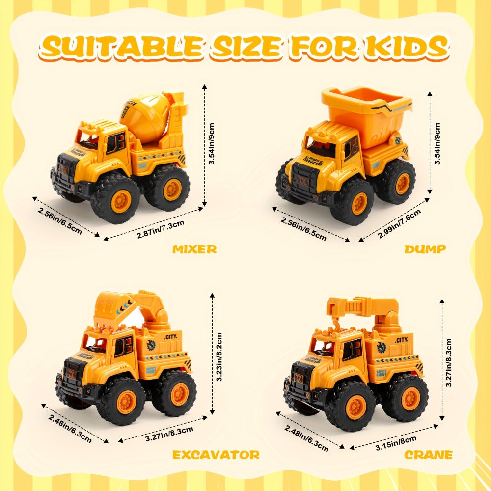 4-Piece Construction Truck Set for Kids – Excavator Dump Truck Crane Cement Mixer Sandbox STEM Engineering Vehicle Playset, Toddler Boy Girl Birthday Gift Ages 3+