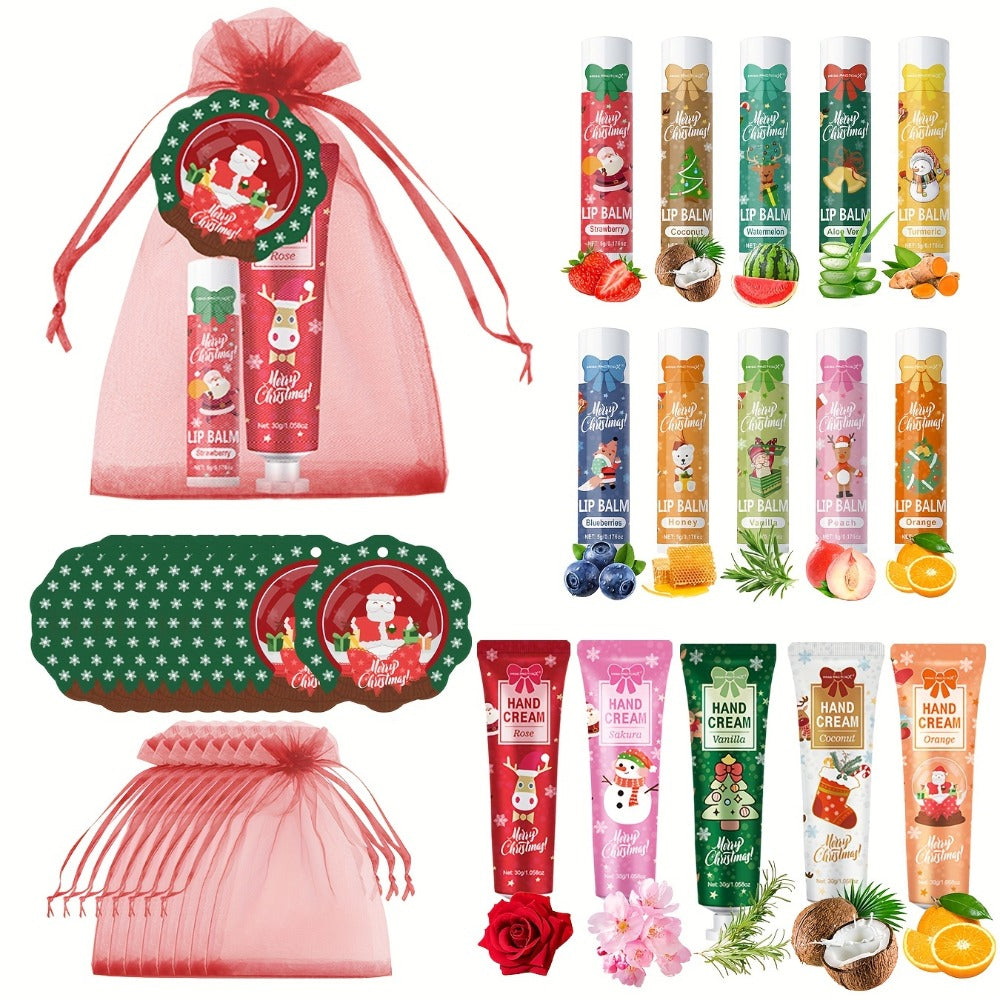 Bulk Gift Set 120 Pieces Lip Balm & Hand Cream with Red Velvet Bags & Holiday Cards — Moisturizing Party Favors for Colleagues, Employees & Friends