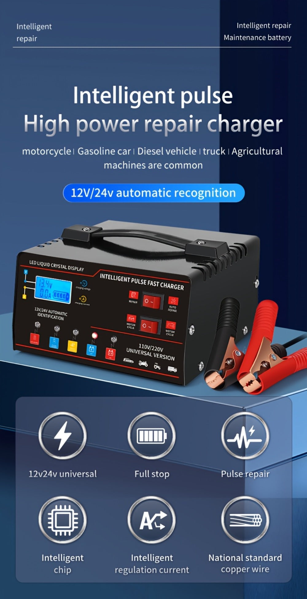 Smart Battery Charger 12V & 24V with LCD Display – Intelligent Trickle Charger, Smart Repair, Overcharge & Short Circuit Protection for Cars SUVs Trucks Motorcycles Yachts