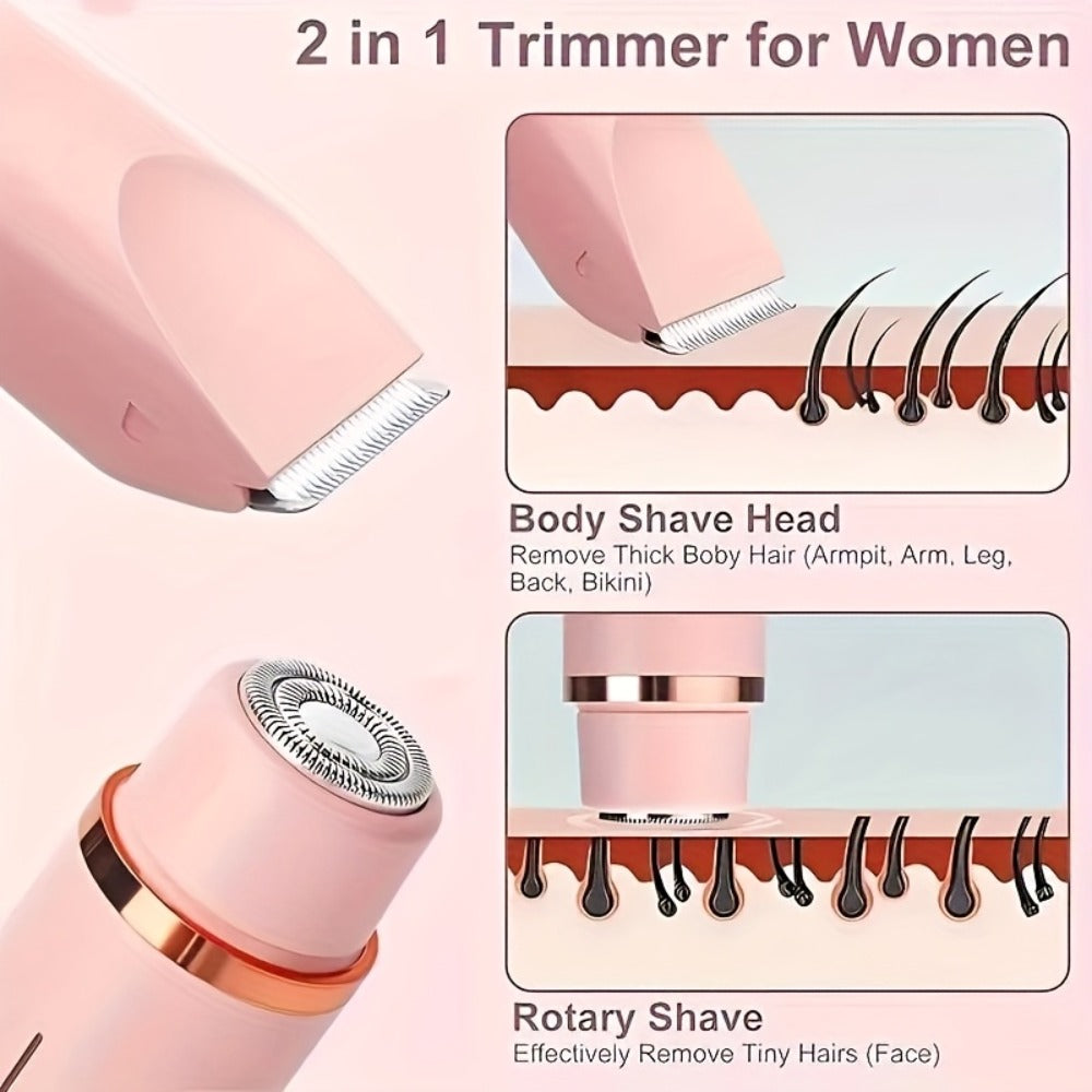 Bikini Trimmer Electric 2-in-1 Rechargeable Dual-Head Face Shaver for Women - Stainless Steel Blade USB Cordless Hair Remover for Bikini Line Face Arms Thighs Body Portable Gift