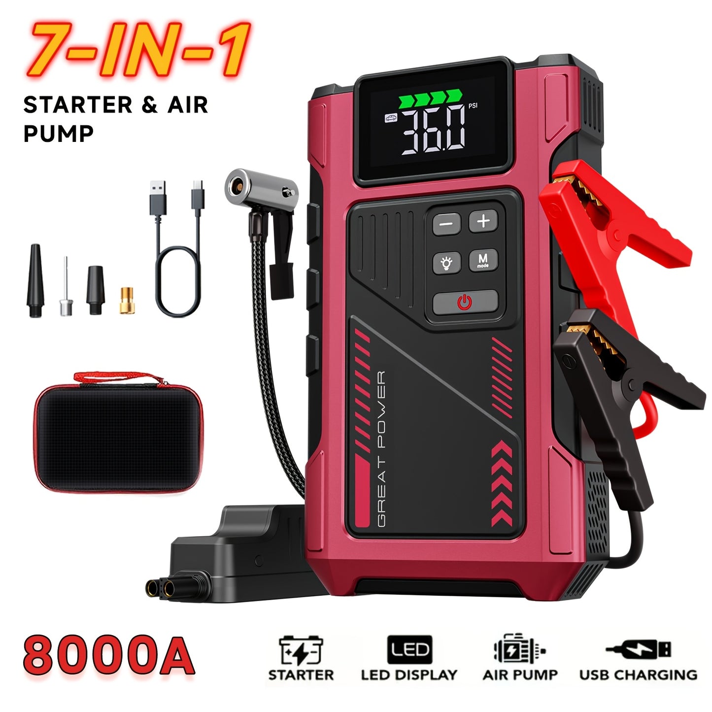 [Portable Jump Starter] Jump Starter With Air Compressor, 8000A Peak Battery Jumper Starter Portable, Jump Box For Car Battery, 12V Portable Jump Starter For 8.0L Gas And 6.5L Diesel Cars With USB Ports And LED Flashlight, Portable Car Jump Starter, Batte