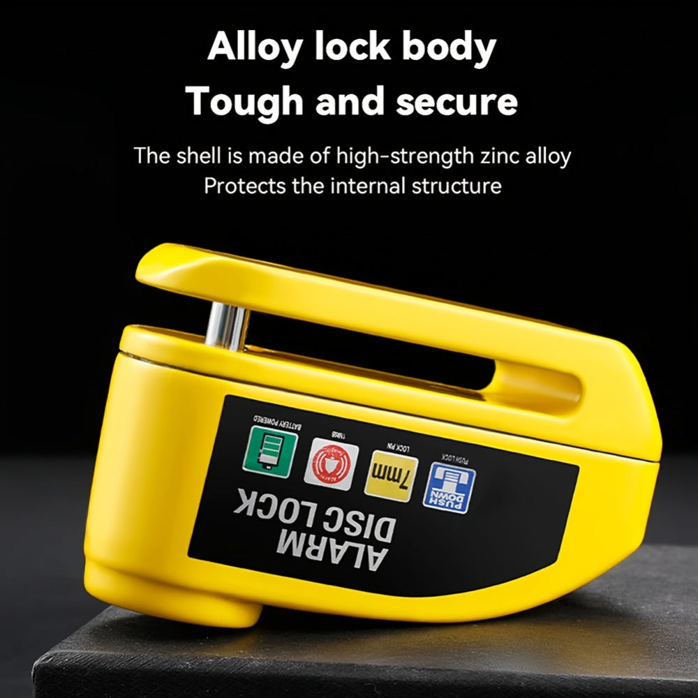 Motorcycle Disc Brake Lock with 110dB Alarm, Anti-Theft Security Lock for Motorcycles Bicycles Scooters, Motion-Activated Loud Alarm Wheel Lock, Compact & Portable, Yellow & Black