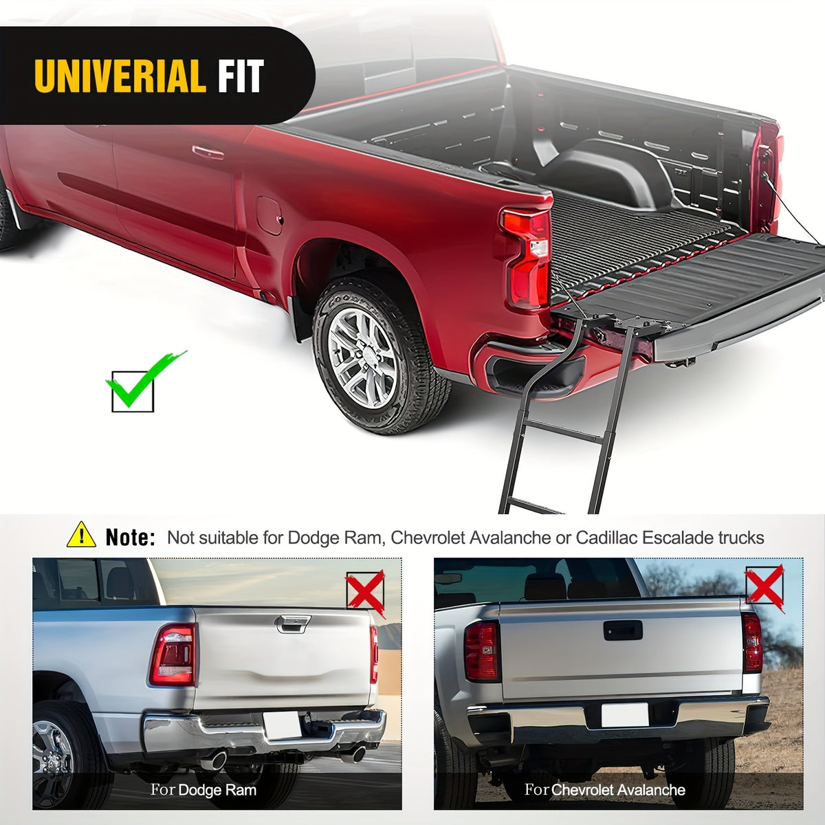 Universal Foldable Truck Tailgate Ladder For Pickup With Aluminum Step Grip Plates, Replaceable Rubber Ladder Feet & Stainless Steel Self Drilling Hex Screws For Easy Installation
