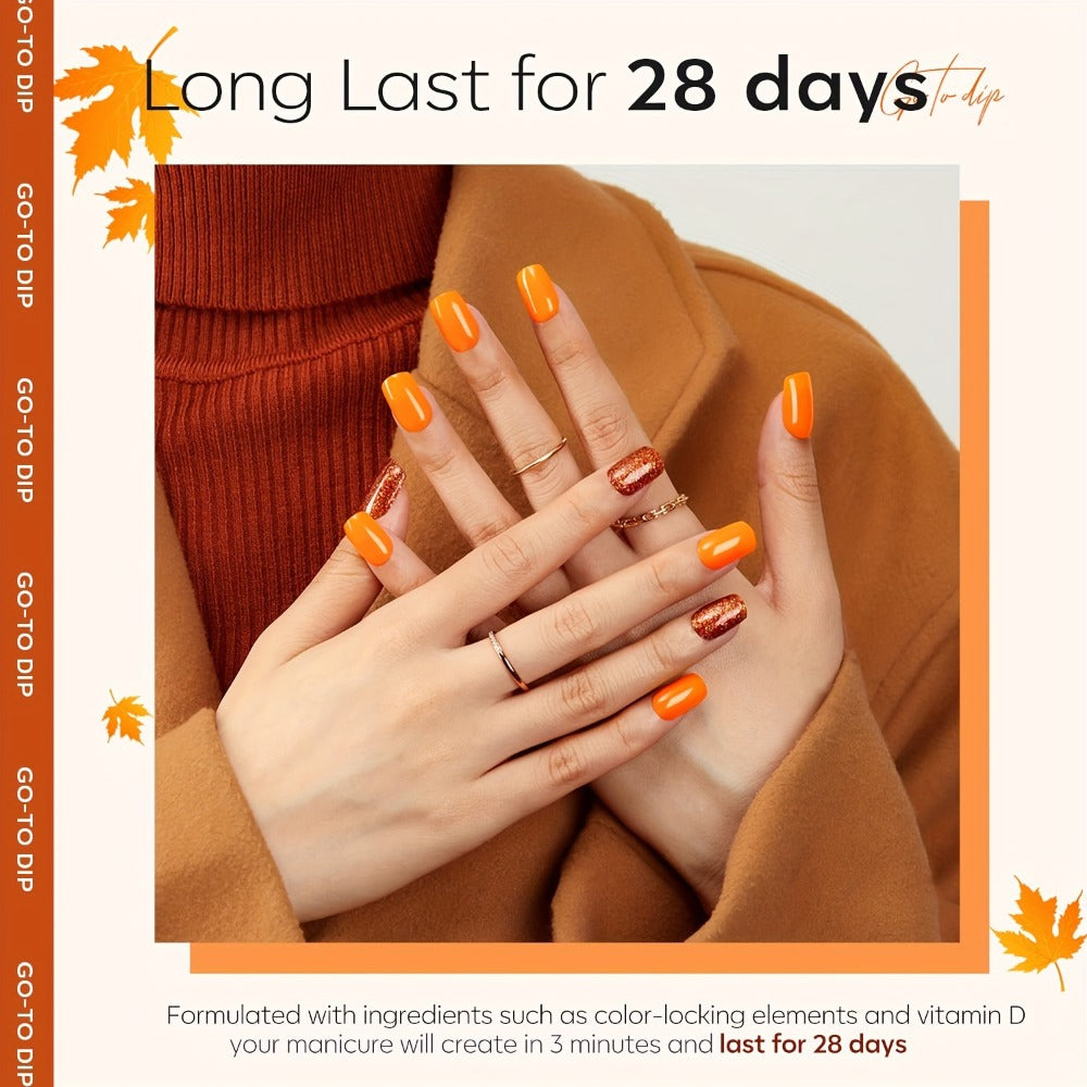 Halloween Orange Glitter Dip Powder Nail Kit with Nail Sticks Base Coat Top Coat & Activator — DIY Spooky Seasonal Nail Art Manicure Set No Lamp Needed