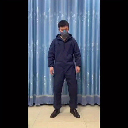 Unisex Hooded Denim-Look Coveralls - Loose Fit Zipper Front