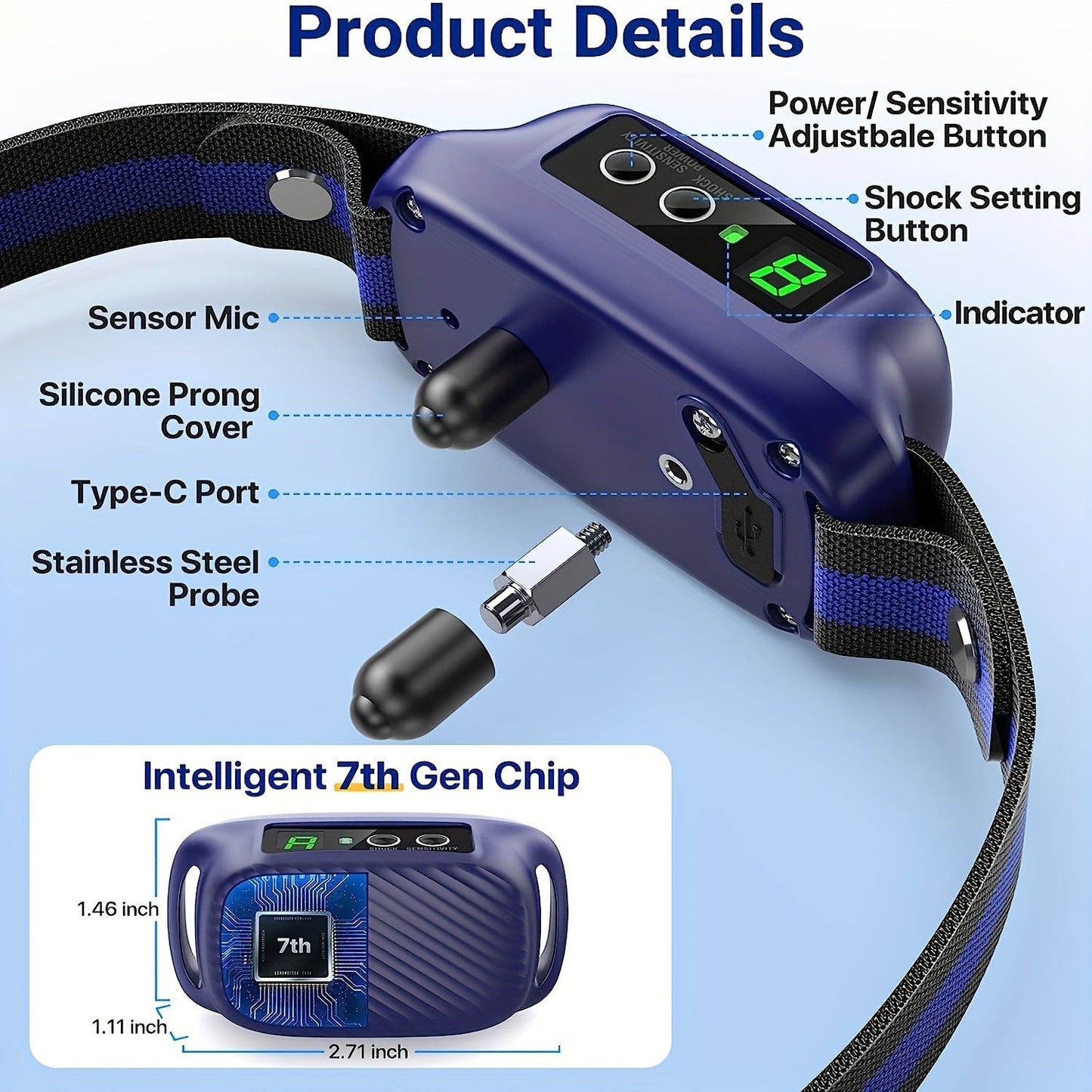 Anti Bark Collar Rechargeable with Shock Beep & Vibration – Automatic No Bark Collar with 8 Sensitivity Levels for Medium Large Dogs