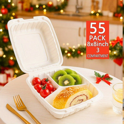 Disposable Food Containers Take Out Boxes with Lids - 7" 8" 9" Plastic Clamshell Meal Prep Containers BPA Free 1 & 3 Compartment Heavy Duty Reusable White