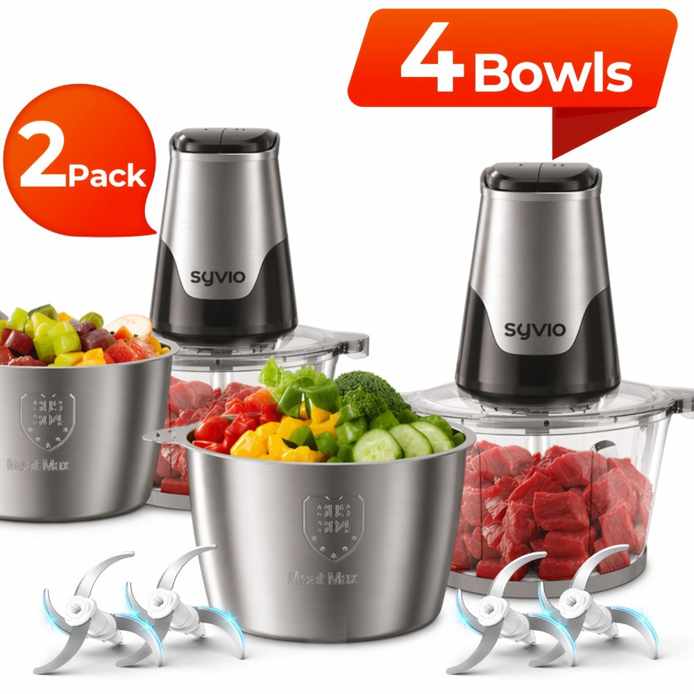 Mini Food Processor 450W with 2 Bowls – Electric Food Chopper, 4 Bi-Level Blades, Meat Grinder for Baby Food, Meat, Onion & Vegetables, 2 Speed