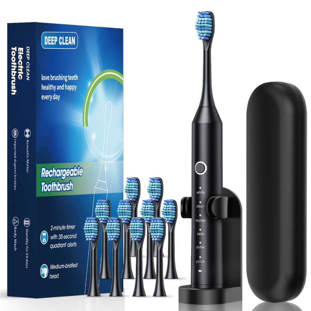 Rechargeable Toothbrush – 6 Cleaning Modes, 500mAh Lithium Battery, USB Charging, Soft Bristles, 4 or 8 Brush Heads, Black White Pink Electric Toothbrush for Adults Deep Clean & Whitening
