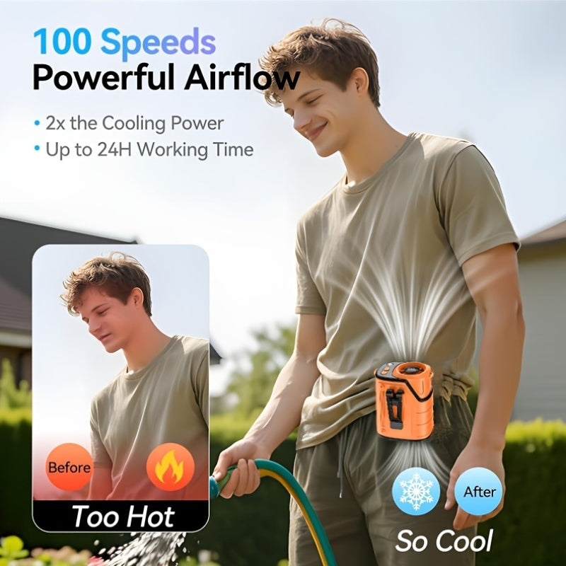 3-In-1 Portable Waist-Hanging Fan, Cooling And Heat Relief Fan for High-Temperature Outdoor Construction Sites, Rechargeable Small Fan with Digital Display, 3600Mah Long Battery, LED Flashlight, Camping Stuff, an Emergency Power Bank