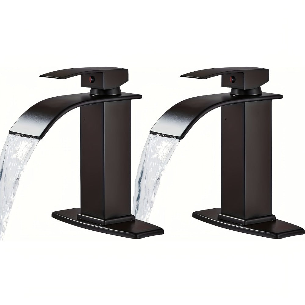 Waterfall Bathroom Sink Faucet, Single Hole or 3-Hole Mixer Tap with 6" Deck Plate, Ceramic Valve, Vanity Faucet for Farmhouse RV Bathroom, Brushed Gold Matte Black Nickel Chrome