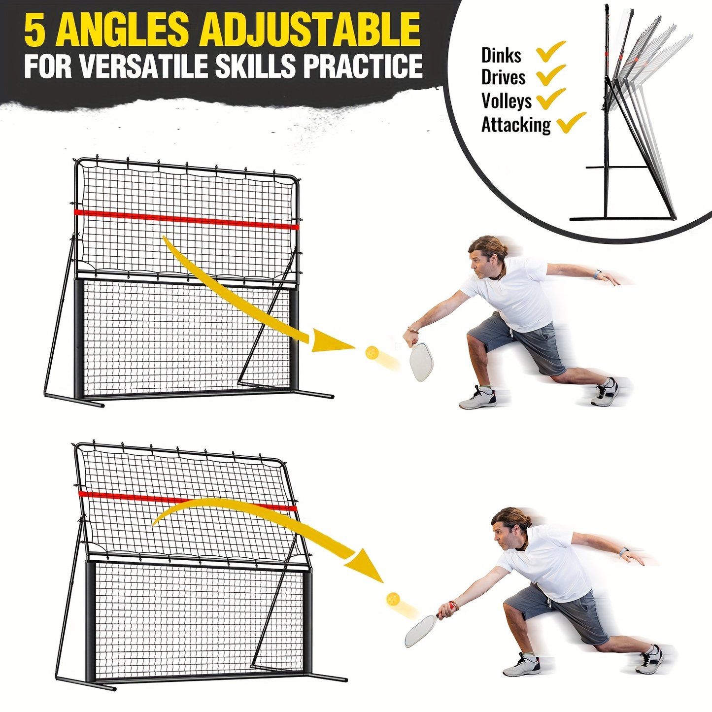 Pickleball Rebounder Net 6x6ft Angle Adjustable – 2-in-1 Practice Rebound Net for Dinks, Volleys & Hits Training, Solo Pickleball Trainer for Indoor Outdoor Backyard & Driveway Use