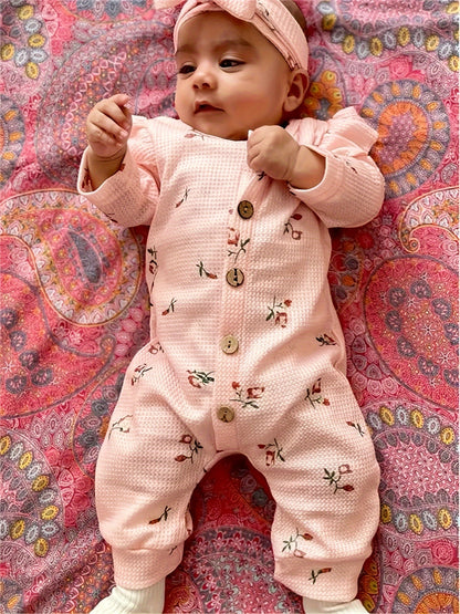 Baby Girls Outfit Set - Floral Ruffle Waffle Knit
