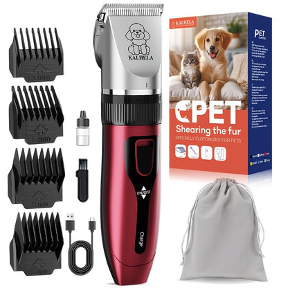 Pet Grooming Clippers Rechargeable with LED Display - Cordless Electric Dog Cat Hair Clipper, Detachable Blades 4 Guide Combs Low Noise, Professional Wireless Pet Trimmer with Accessories, Red