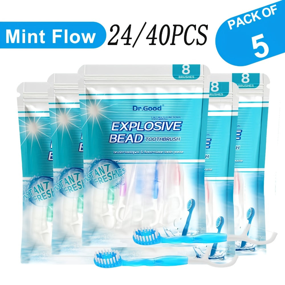 Travel Disposable Toothbrush 5-in-1 — Pre-Applied Mint Toothpaste, Floss, Pick & Tongue Scraper, Soft Nylon Bristles, No Water Needed, Portable Oral Care Kit, 24 or 40 Pack