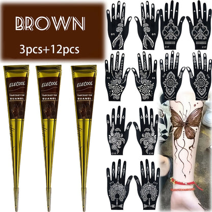 Temporary Semi-Permanent Tattoo Paste Kit - Waterproof Body Art Gel in Brown & Black with Tattoo Templates, Safe Non-Irritating Henna-Style Ink for Parties, Festivals, Cosplay & Daily Decoration