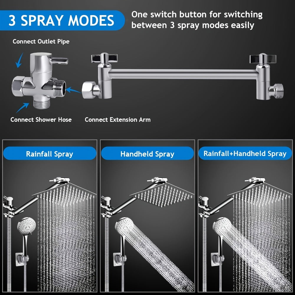 Rainfall Shower Head with Handheld Combo – 8" High Pressure Rain Shower, 5-Setting Adjustable, Anti-Leak with 11" Extension Arm, Holder & Hose, Height & Angle Adjustable