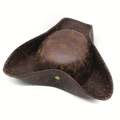Pirate Tricorn Hat Faux Leather Wide Brim – Vintage Distressed Pirate Hat for Men Women, Halloween Costume, Cosplay, Renaissance Fair & Themed Party Accessory, Black & Brown