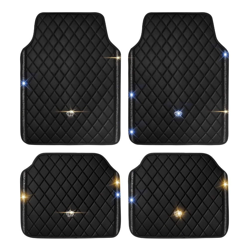 Luxury Car Floor Mats PU Leather Rhinestone Crown Embroidery – Glitter 3D Embossed Foot Pad, Easy Clean, Unisex, Red & Black