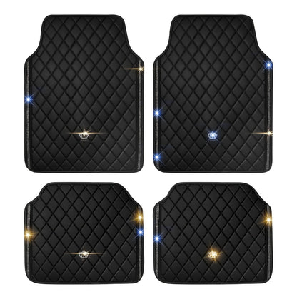 Luxury Car Floor Mats PU Leather Rhinestone Crown Embroidery – Glitter 3D Embossed Foot Pad, Easy Clean, Unisex, Red & Black