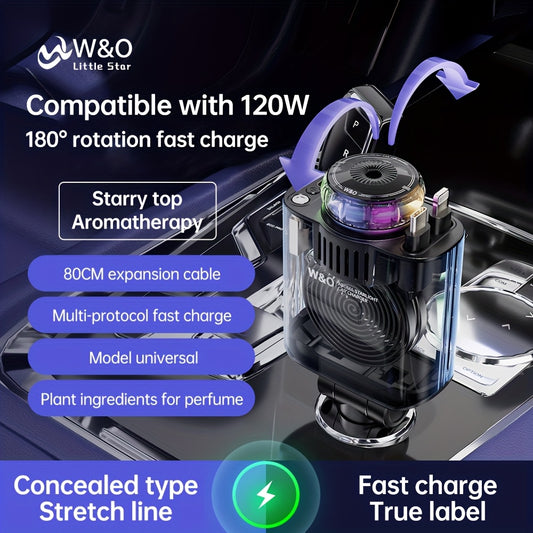 [Christmas Gift] Three-In-One Multifunctional Car Charger, Perfume Machine, Starry Sky Ceiling Light, Dual 80cm/32inch Type-C+Lightning Retractable Cable, Air Freshener, Adapter For IPhone 16/15/Plus/Pro Max, For S25/24, Great Christmas Birthday Gift