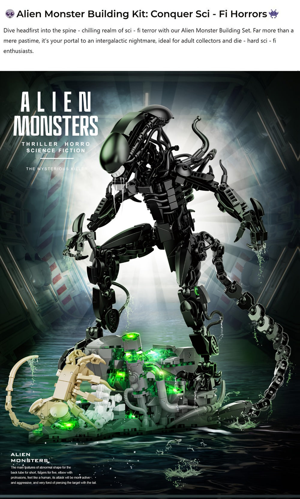 Alien Beast Building Blocks Set 958pcs – Sci-Fi Movie Character Model Kit, Black ABS Bricks, STEM Toy for Kids Teens & Adults, Cool Birthday Christmas Gift Display Collectible
