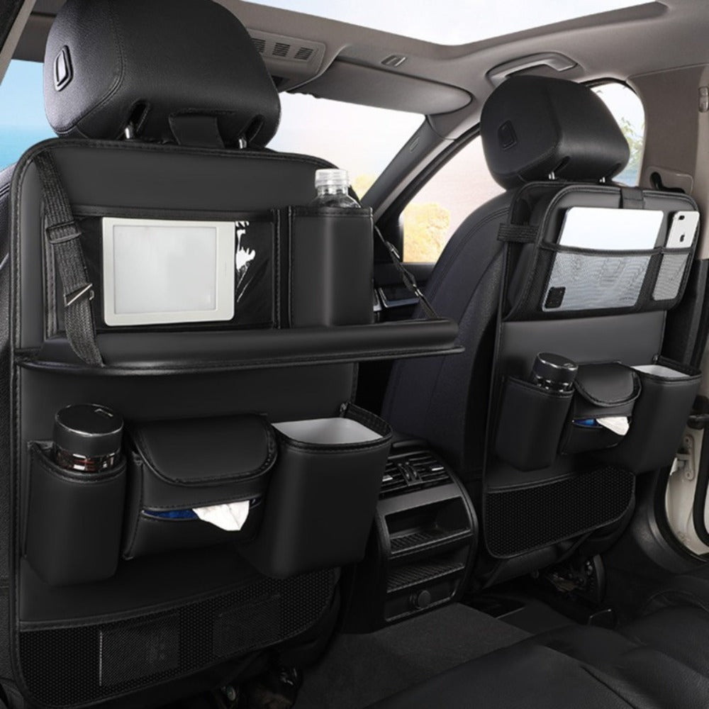 PU Leather Car Seat Back Organizer – Multi-Pocket Backseat Storage Bag with Mesh Pockets, Laptop Holder & Foldable Design for Car Interior Travel Accessories, Black