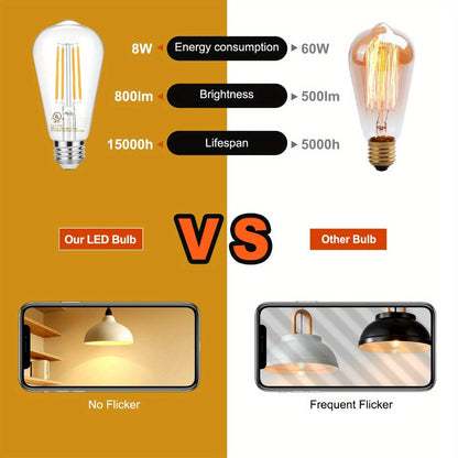 ST58 Vintage Edison LED Filament Bulb 8W 2700K Warm White Dimmable – 60W Equivalent E26 Base Clear Glass Antique Style for Chandelier Pendant Bedroom Living Room Home Commercial, 12 & 24 Pack