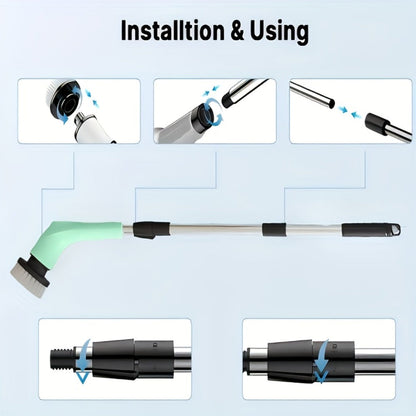 Electric Spin Scrubber with 9 Interchangeable Brush Heads 5 Speed Settings & 3 Extendable Handles - Power Scrubber for Bathroom Kitchen Tile Floor Carpet, Cordless Rotary Cleaning Brush Green White