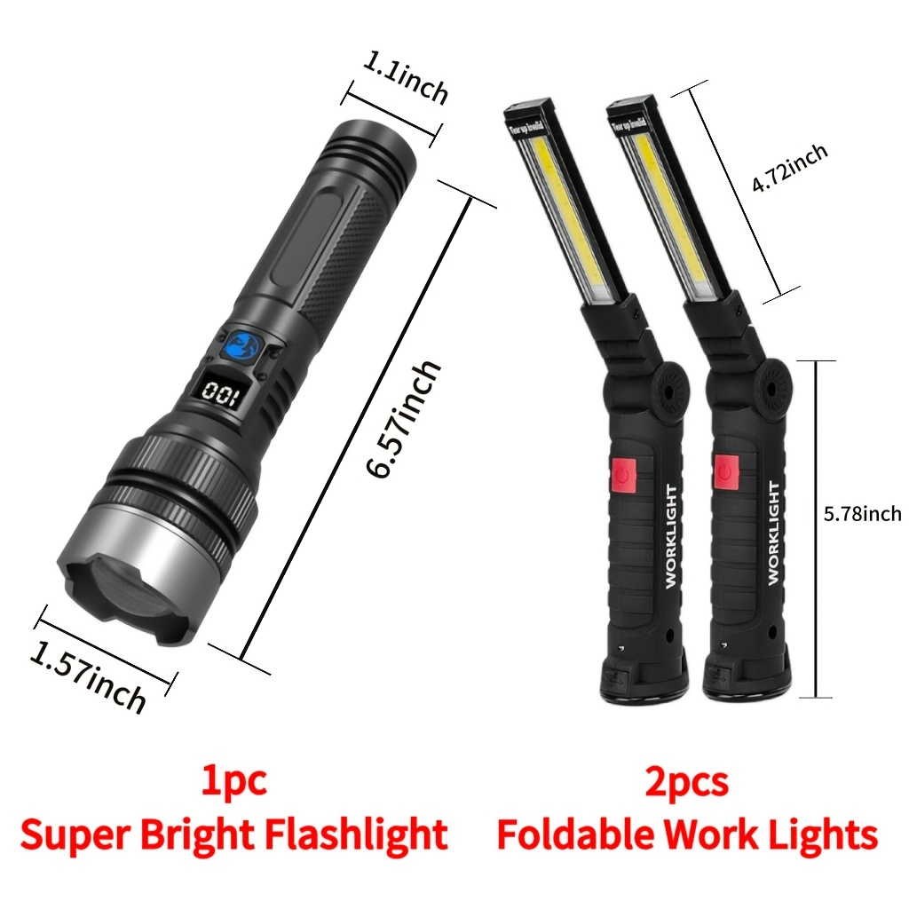 COB LED Work Light Rechargeable - Magnetic Base Portable Flashlight, 1000 Lumen Adjustable Beam, Multi-Pack Hanging Lamp for Garage, Camping, Yard & Emergency Use