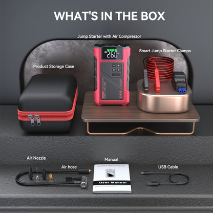 Portable Jump Starter 9-in-1 with Air Compressor – 12V Car Battery Booster for 8.0L Gas & 6.5L Diesel, USB-C, LED Emergency Light, Digital Display