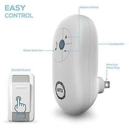 Wireless Doorbell Kit 36 Chimes 100M Range Waterproof – Adjustable Volume 25-110dB, Plug-In Receiver & Push Button Transmitter, No Wiring Easy Install for Home Office Store & Classroom