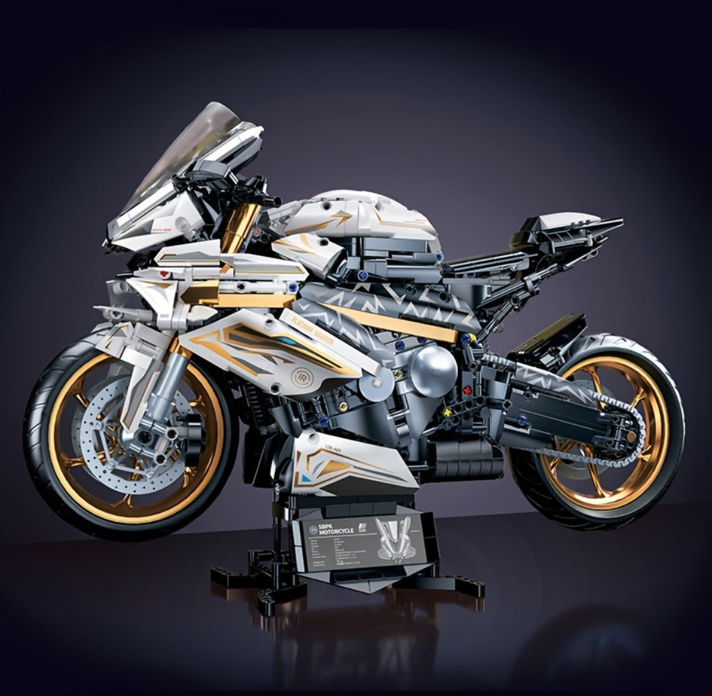 Motorcycle Building Blocks Model Kit 1:5 Scale 2000+ Pieces – Platinum Gold & White Collectible Brick Motorbike Display Set, Unique Gift for Men Adults Collectors Birthday Christmas (Premium Edition)