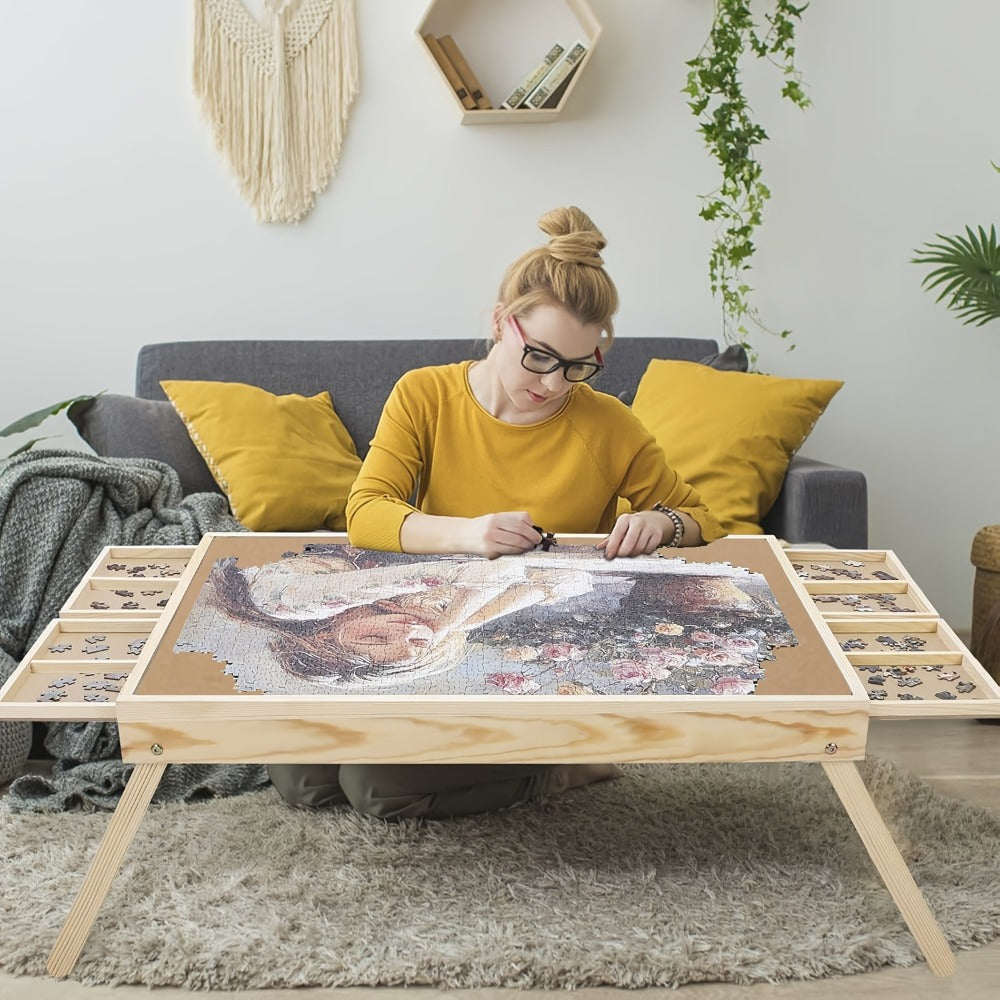 Jigsaw Puzzle Table with Folding Legs – 4 Drawers 16 Sorting Grids Portable Wooden Puzzle Board for 1000 Pieces, Storage Organizer Gift for Adults Seniors Family Game Night Home Office