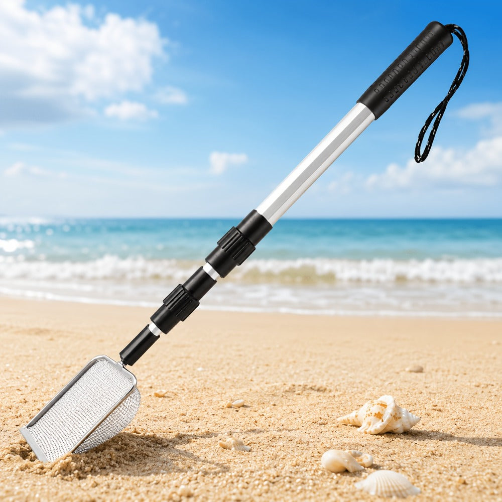 Stainless Steel Beach Sand Sifter with Retractable Telescopic Handle – Portable Sand Sieve for Treasure Hunting, Shell & Conch Collecting | Beach Tool for Kids & Adults, Doubles as Cat Litter Scoop