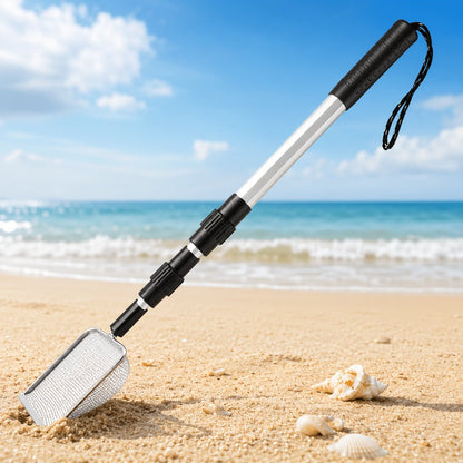 Stainless Steel Beach Sand Sifter with Retractable Telescopic Handle – Portable Sand Sieve for Treasure Hunting, Shell & Conch Collecting | Beach Tool for Kids & Adults, Doubles as Cat Litter Scoop