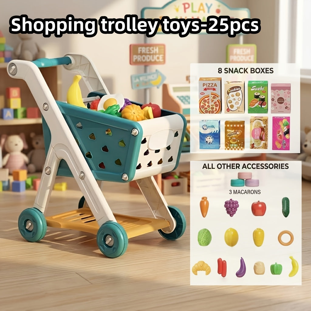 Kids Pretend Play Shopping Cart Toy Set with Realistic Food & Grocery Accessories – Supermarket Role Play for Toddlers Girls Boys Ages 3+, Blue, Birthday Christmas Gift