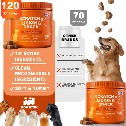 Dog Omega 3 Skin & Coat Chews 90ct – Lamb Flavor Soft Pellets with Probiotics for Itching, Scratching & Licking Relief, Fur Care Supplement for Dogs of All Ages & Breeds