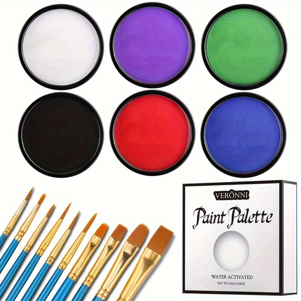 Water Activated Face Paint Kit 6 Colors with 10 Brushes – Water Based Face Body Paint Palette Black White Red Blue Green Purple for Halloween Cosplay SFX Stage Party Body Art