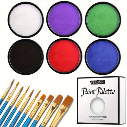 Water Activated Face Paint Kit 6 Colors with 10 Brushes – Water Based Face Body Paint Palette Black White Red Blue Green Purple for Halloween Cosplay SFX Stage Party Body Art