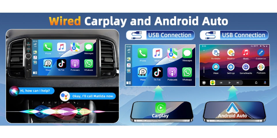 7" Double Din Car Stereo with Bluetooth 5.0, Touchscreen Universal Car Multimedia Player with Wired CarPlay & Android Auto, FM Radio, Rear View Camera Mic Support TF/USB