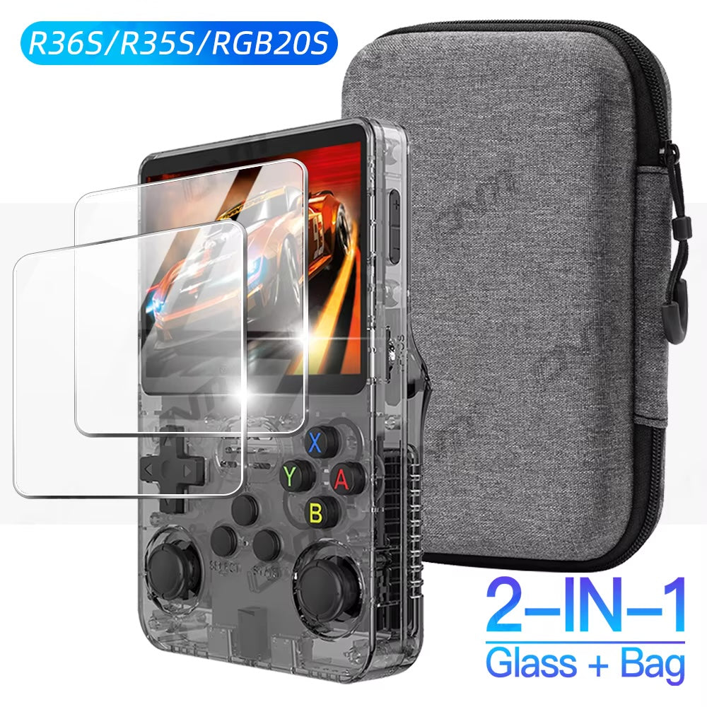 R36S R35S Screen Protector + EVA Storage Case Set 9H Tempered Glass Scratch-Resistant Waterproof Retro Handheld Console Accessories Protection Kit Gift for Gamers