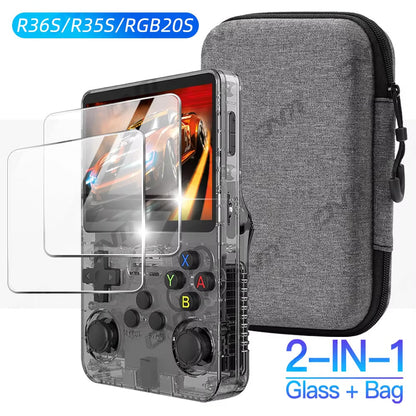 R36S R35S Screen Protector + EVA Storage Case Set 9H Tempered Glass Scratch-Resistant Waterproof Retro Handheld Console Accessories Protection Kit Gift for Gamers