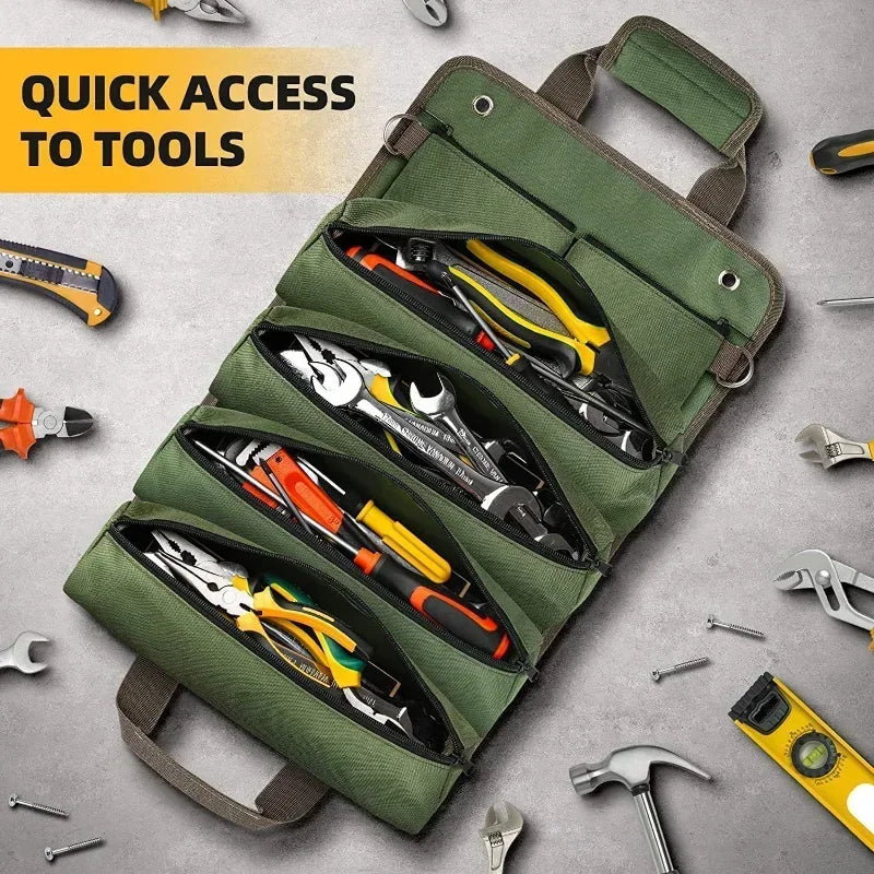 Roll Up Tool Bag Organizer – 4 Compartments, Water-Resistant Oxford
