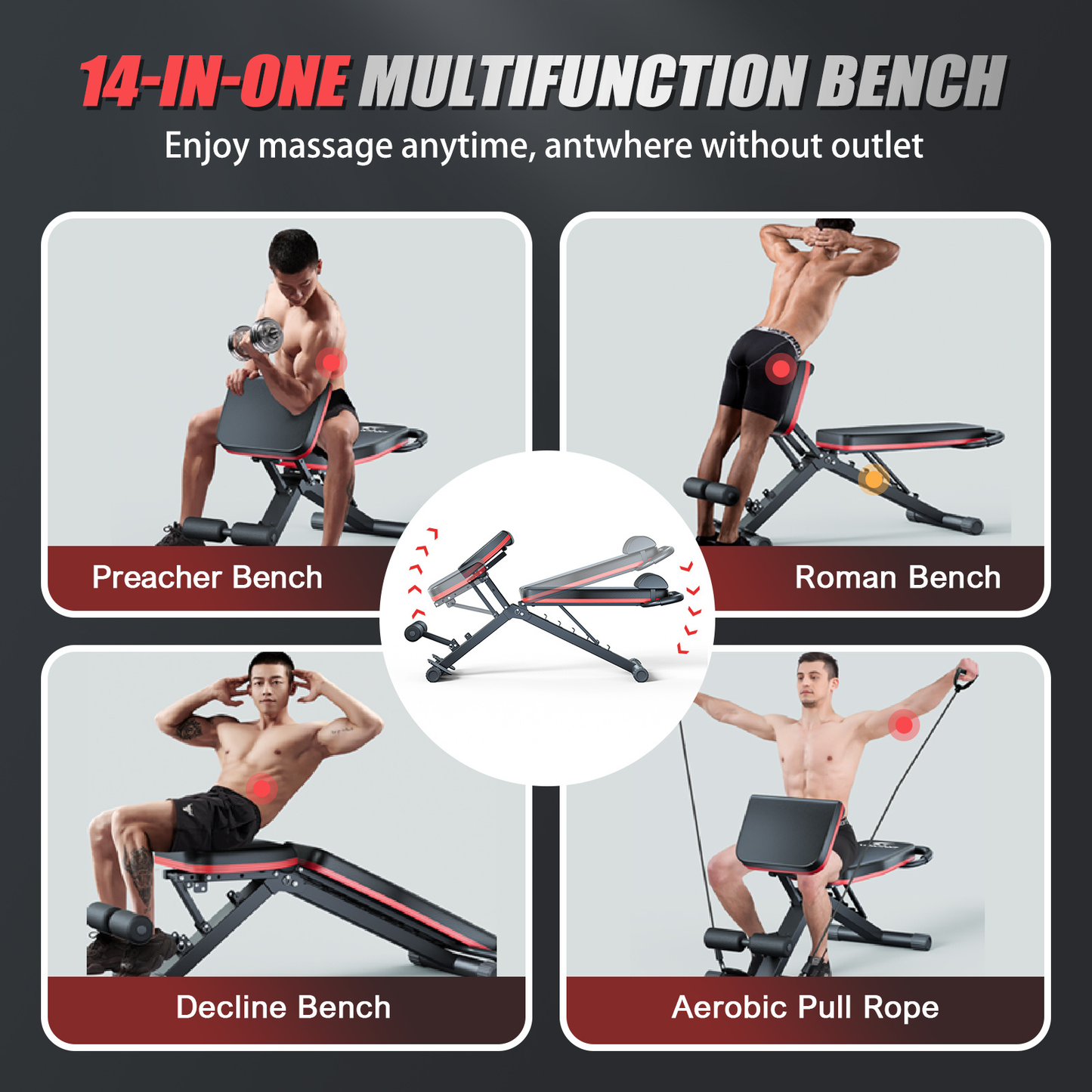 Adjustable Weight Bench 14-in-1 Foldable – 1000 lbs Capacity, 6 Incline Levels, Incline Decline Flat for Home Gym Full Body Workout