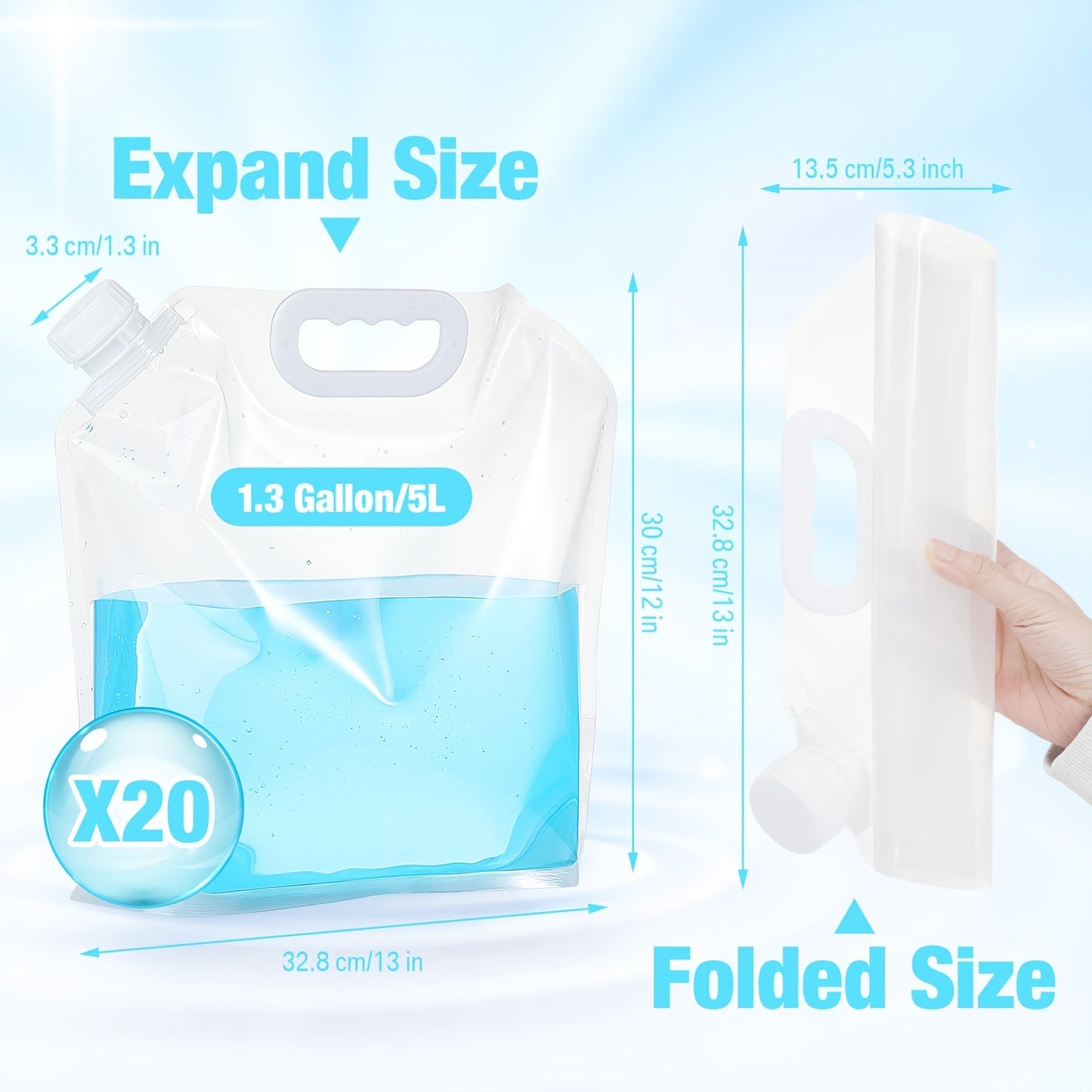 Collapsible Water Bags 20 Pack – 1.3 Gallon Each (26 Gallons Total) Food-Grade Clear Foldable Plastic Water Storage Containers for Emergency, Camping & Outdoor Use