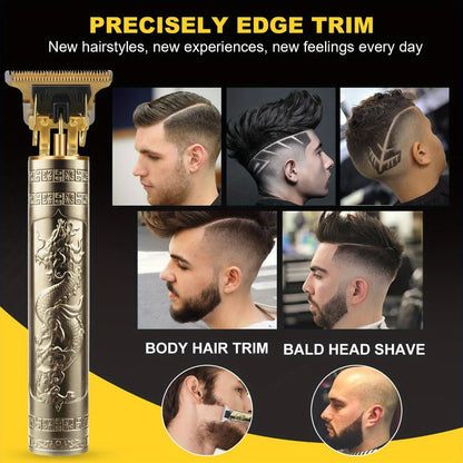 T-Blade Hair Trimmer for Men - Retro Electric Clipper, USB Rechargeable 1000mAh, 240-Min Runtime, 4 Guide Combs, Dragon & Buddha Designs, Black Bronze Blue Purple