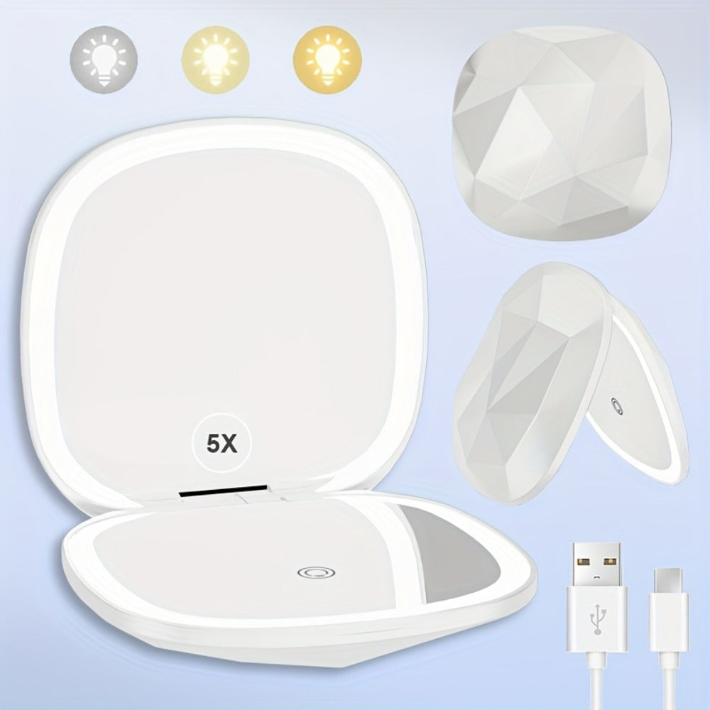 LED Makeup Mirror with 5X Magnification & 3 Color Lights - Dual Sided 1X 5X Lighted Vanity Mirror, Portable Compact Travel Mirror for Women, Purse Desk Office Gift