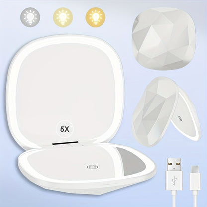 LED Makeup Mirror with 5X Magnification & 3 Color Lights - Dual Sided 1X 5X Lighted Vanity Mirror, Portable Compact Travel Mirror for Women, Purse Desk Office Gift